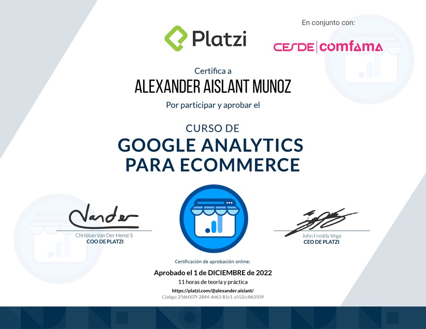 Diploma del Curso de Análisis de Reportes de Ecommerce con Google Analytics