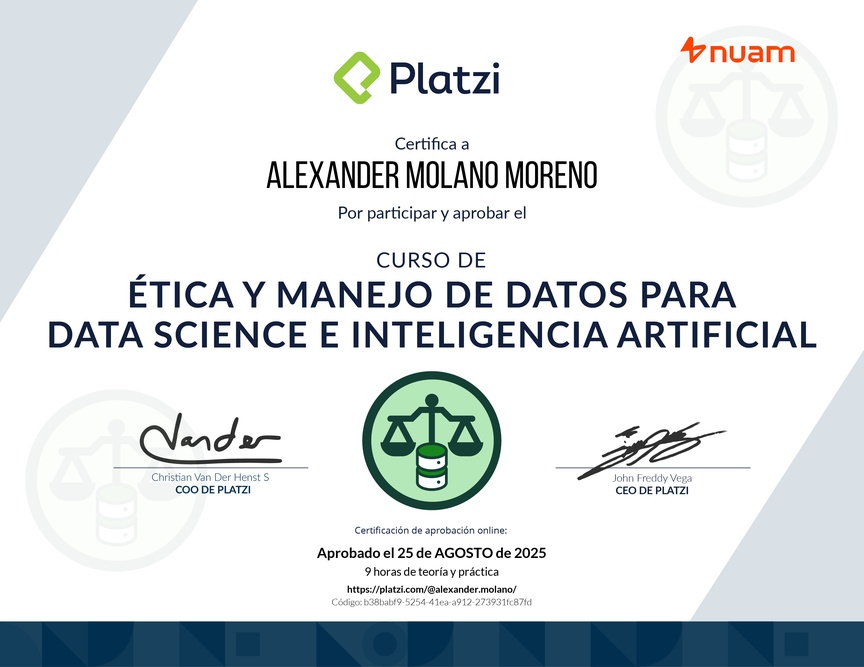 Diploma del Curso de Ética y Manejo de Datos para Data Science e Inteligencia Artificial
