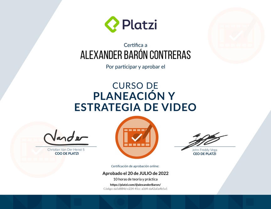 Diploma del Curso de Planeación y Estrategia de Video