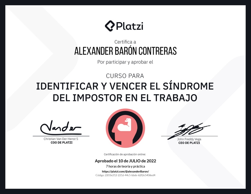 Diploma del Curso para Identificar y Vencer el Síndrome del Impostor