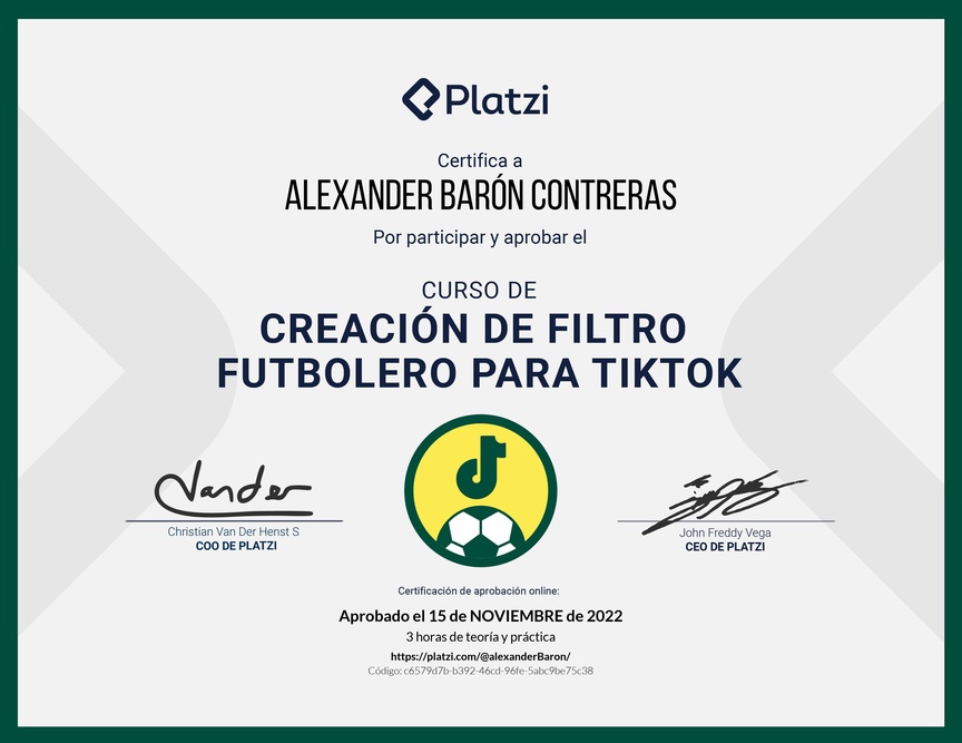 Diploma de Creación de Filtro Futbolero para TikTok
