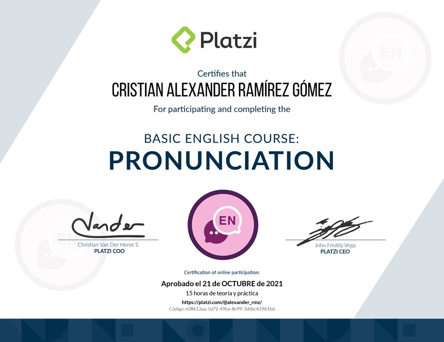Diploma del Curso de pronunciación básica en Inglés 2020