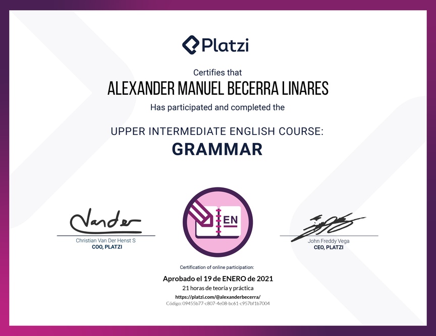 Diploma del Curso Intermedio Alto de Gramática en Inglés (2020)