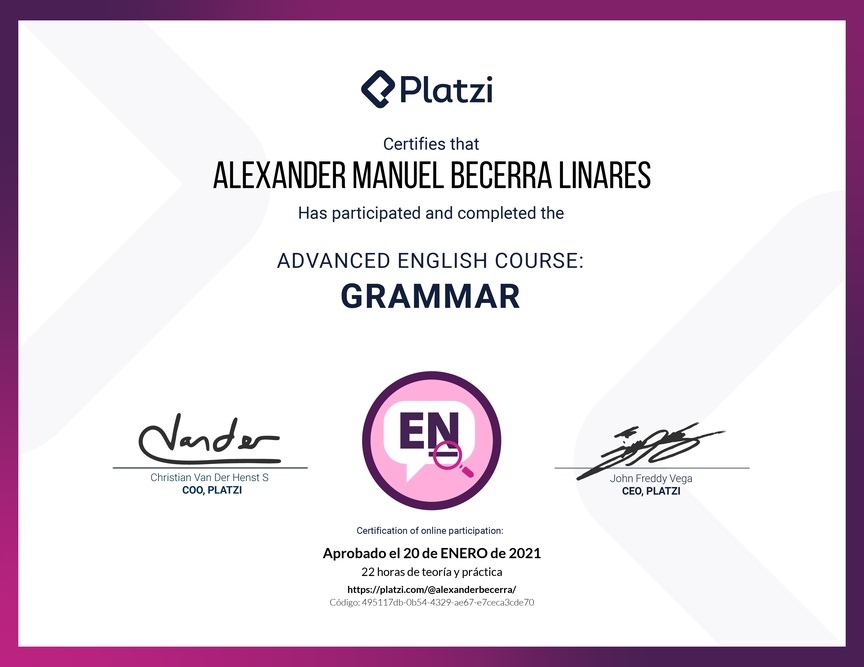 Diploma del Curso Avanzado de Gramática en Inglés (2020)