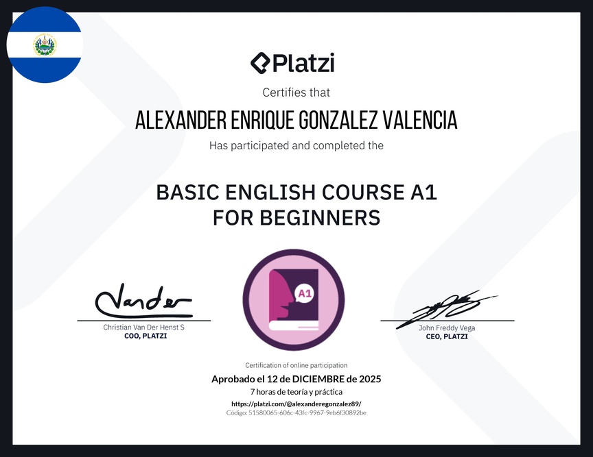 Diploma del Curso de Inglés Básico A1 para Principiantes