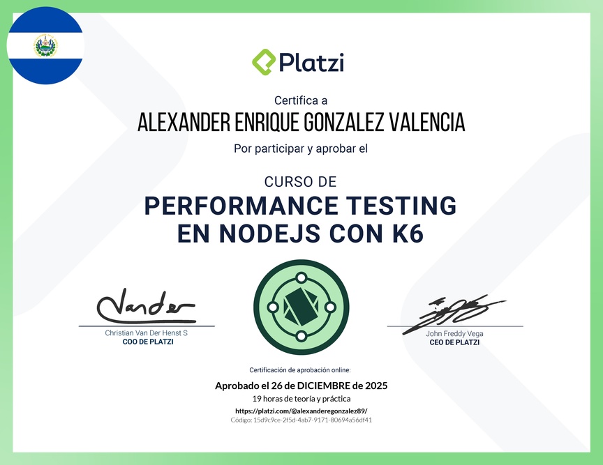 Diploma del Curso de Performance Testing en Node.js con K6