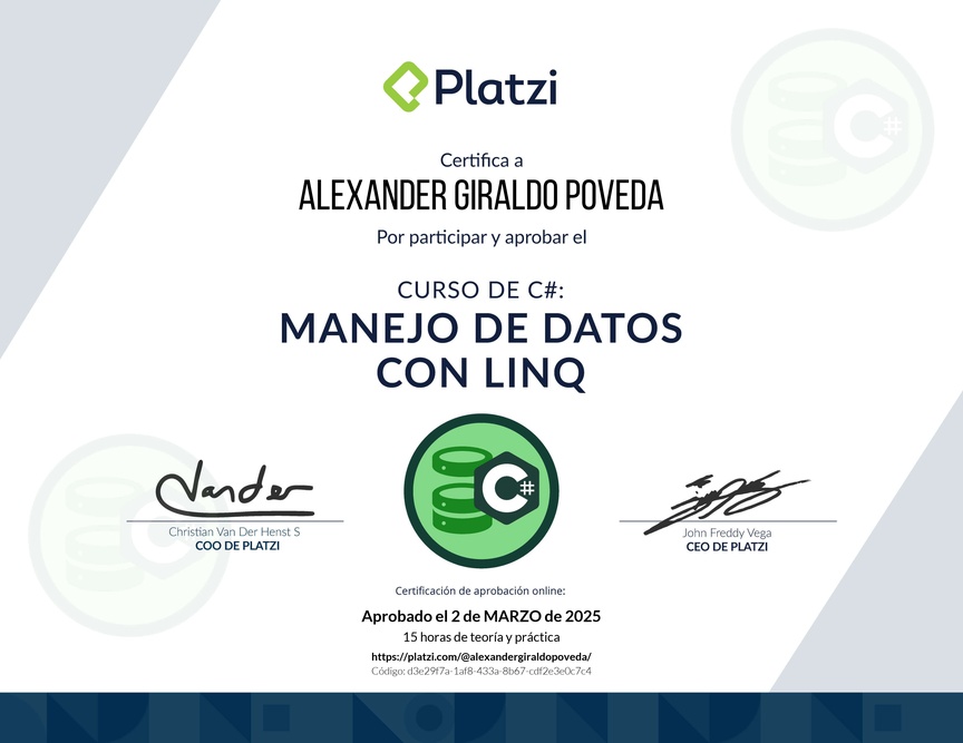 Diploma del Curso de Manejo de Datos en C# con LINQ
