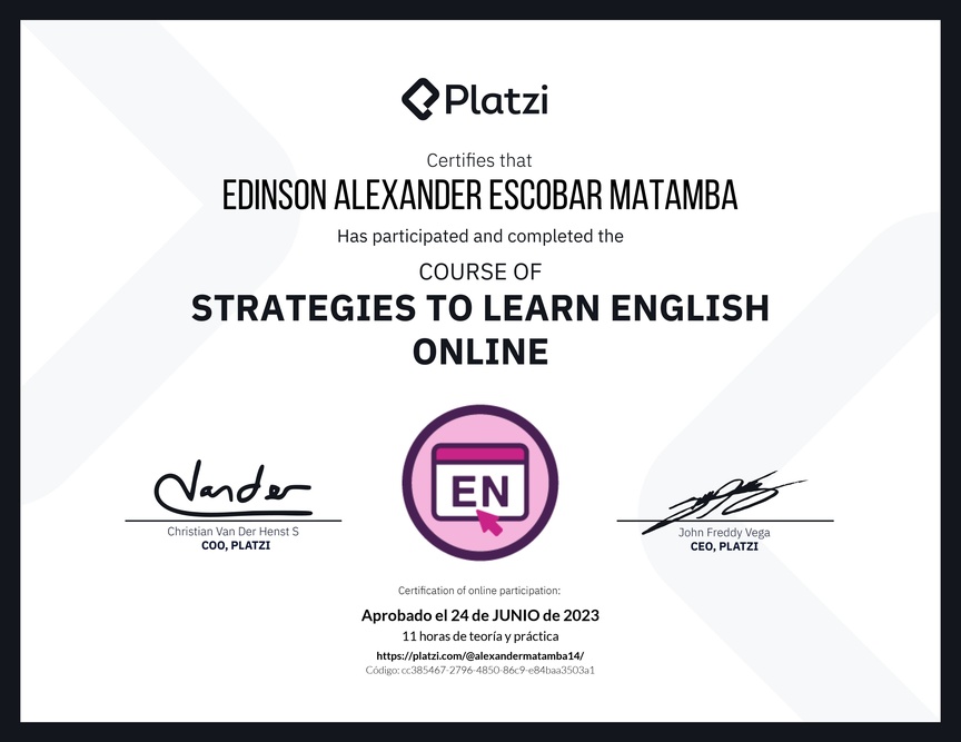 Diploma del Curso Gratis de Estrategias para Aprender Inglés en Línea