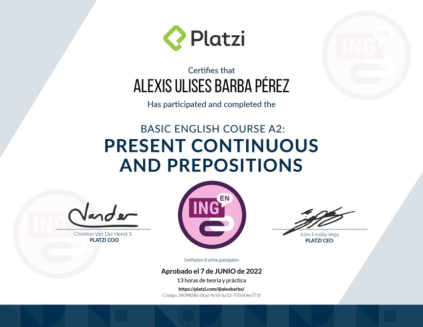 Diploma del Curso de Inglés Básico A2: Preposiciones y Presente Continuo (2021)