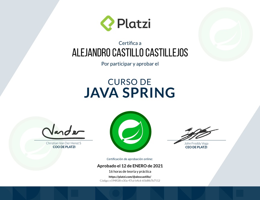 Diploma del Curso de Java Spring