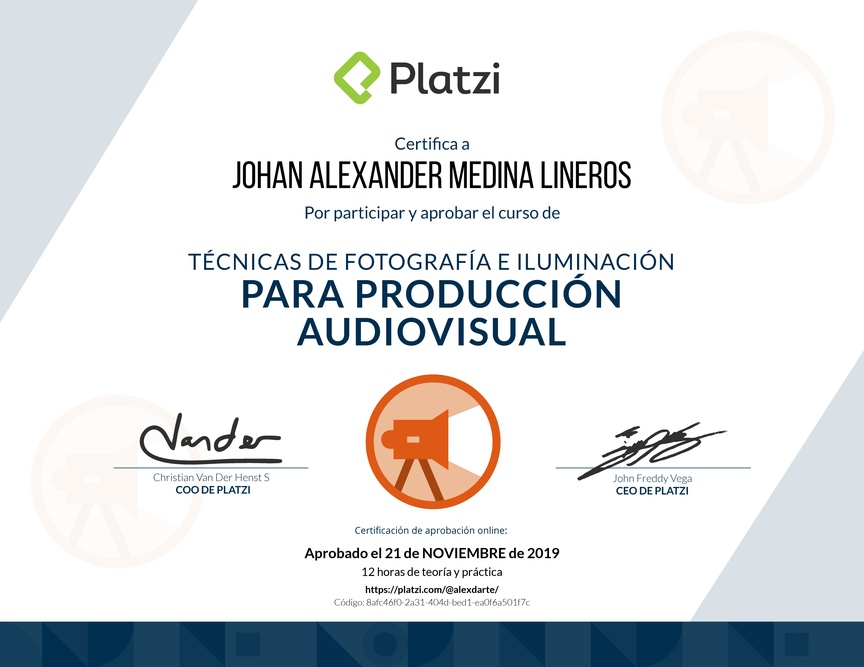 Diploma del Curso de Iluminación y Fotografía para Producciones Audiovisuales