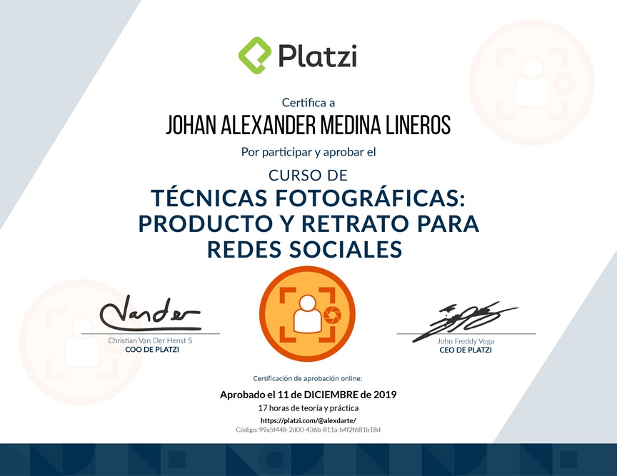 Diploma del Curso de Técnicas Fotográficas para Producto y Retrato en Redes Sociales