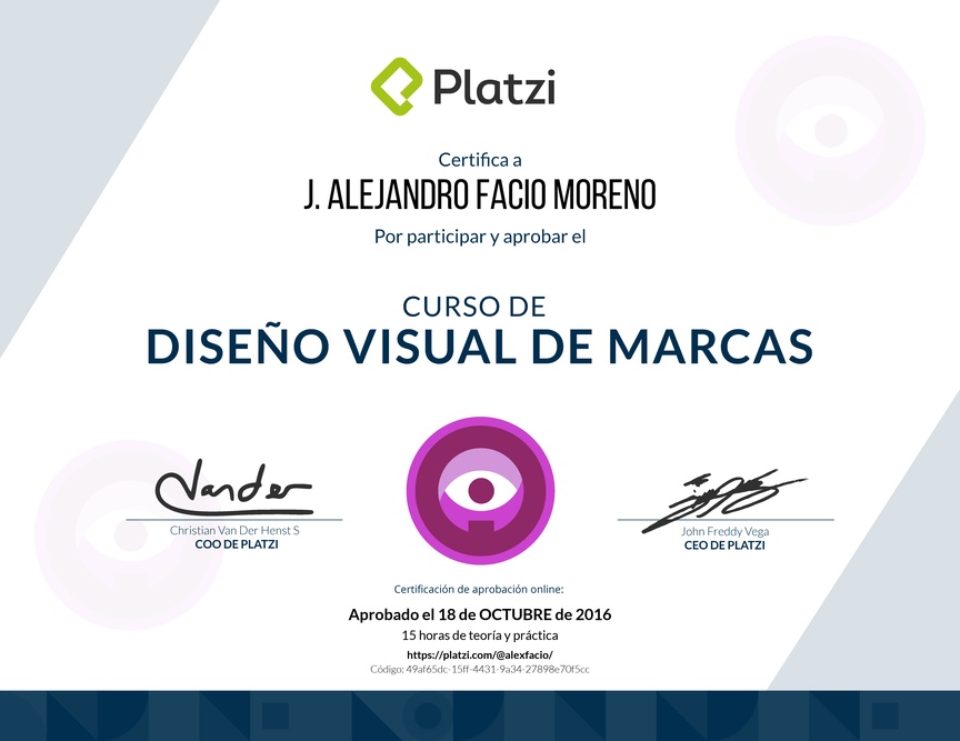 Diploma del Curso de Diseño Visual de Marcas 2016