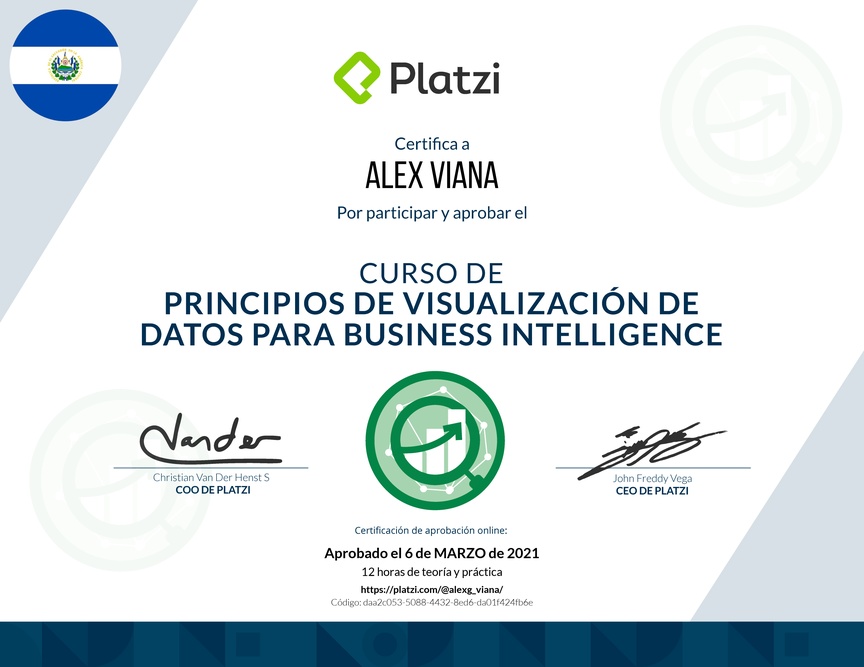 Diploma del Curso de Principios de Visualización de Datos para Business Intelligence (2021)