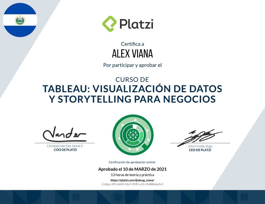Diploma del Curso de Tableau: Visualización de Datos y Storytelling para Negocios