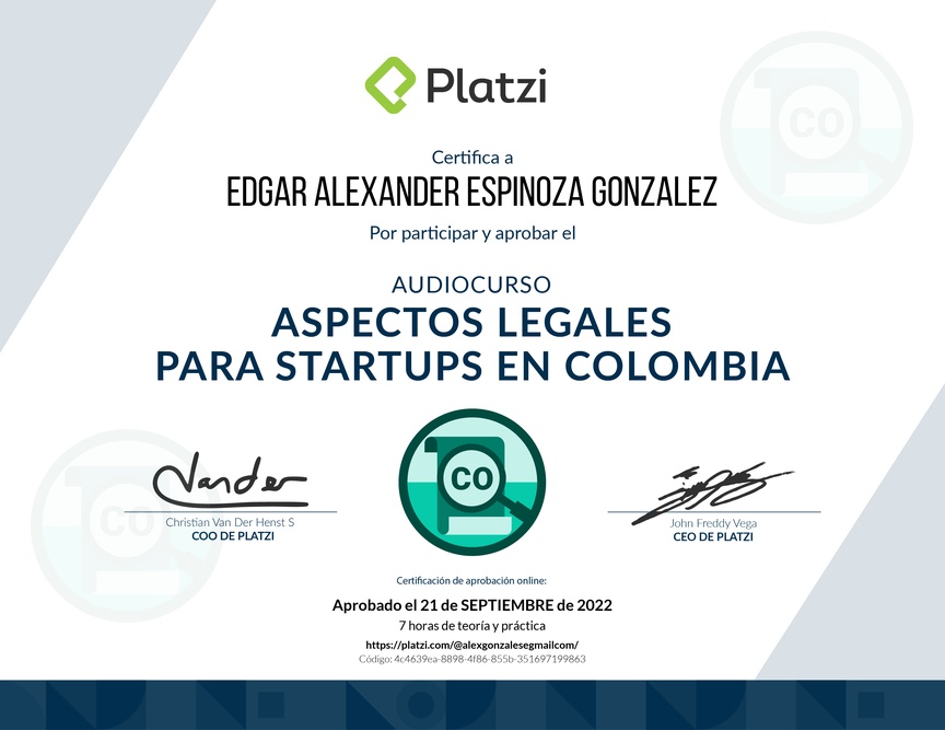Diploma de Audiocurso Aspectos Legales para Startups en Colombia