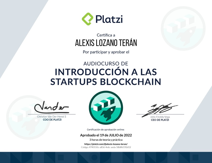 Diploma de Audiocurso de Introducción a las Startups Blockchain