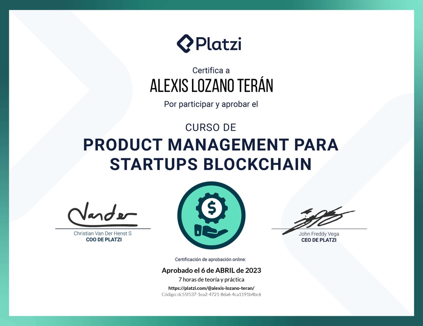 Diploma del Curso de Product Management para Startups Blockchain