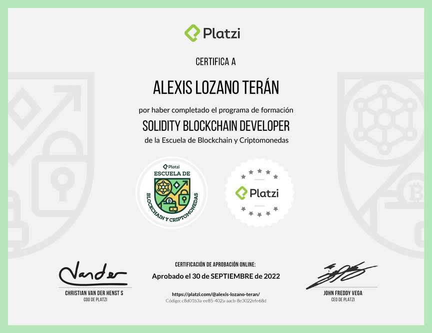 Diploma de la Ruta de Aprendizaje de Solidity Blockchain Developer