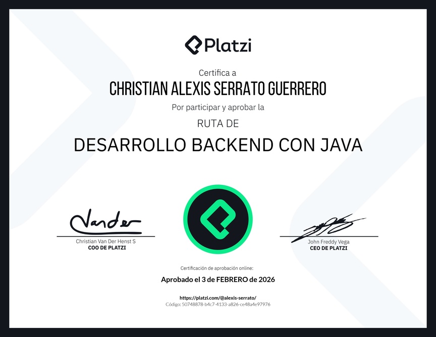 Diploma de la Ruta de Aprendizaje de Desarrollo Backend con Java