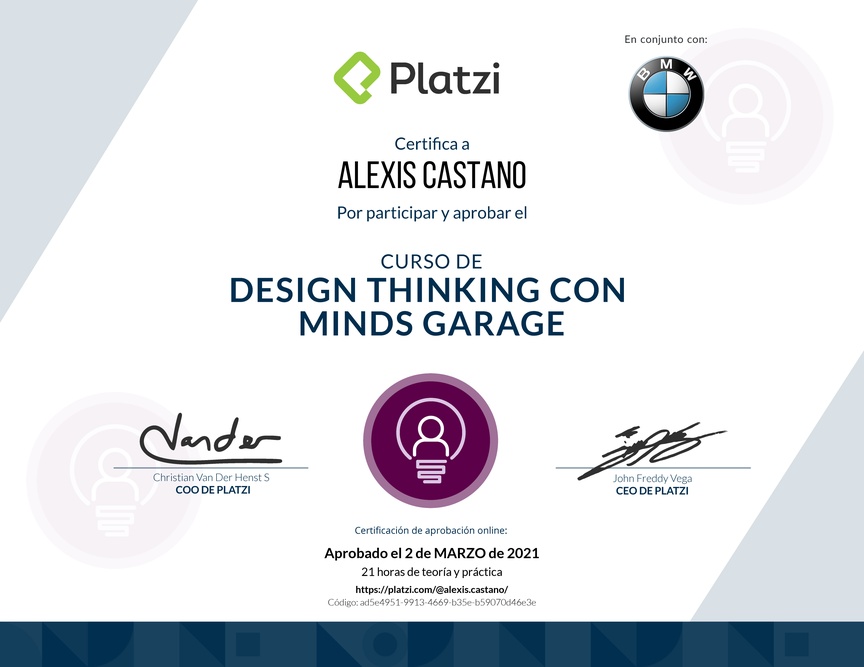 Diploma del Curso de Design Thinking con Minds Garage