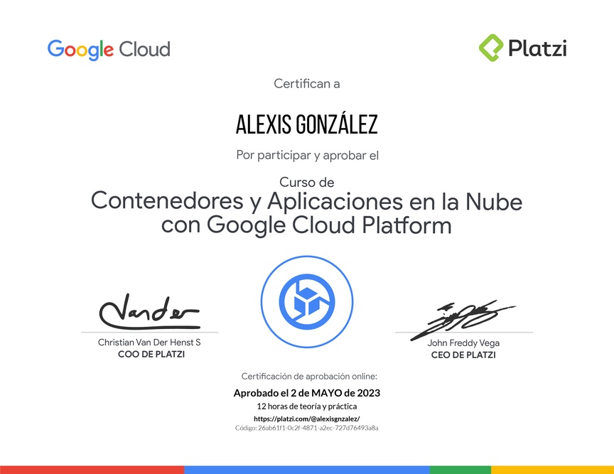 Diploma del Curso de Contenedores y Aplicaciones en la Nube con Google Cloud Platform