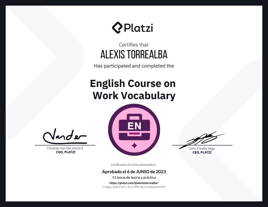 Diploma del Curso de Vocabulario en Inglés para el Trabajo