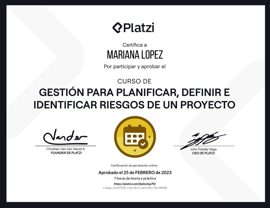 Diploma del Curso de Gestión para Planificar, Definir e Identificar Riesgos de un Proyecto