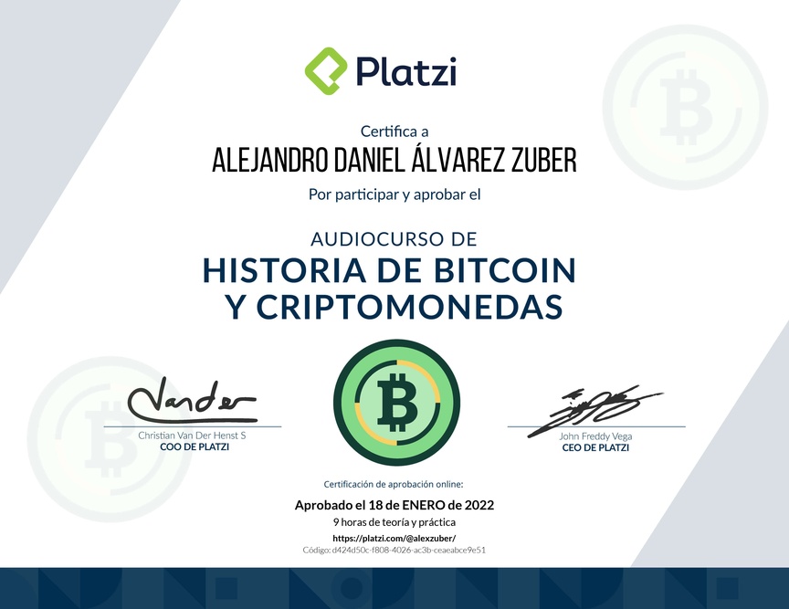 Diploma de Audiocurso de Historia de Bitcoin y Criptomonedas