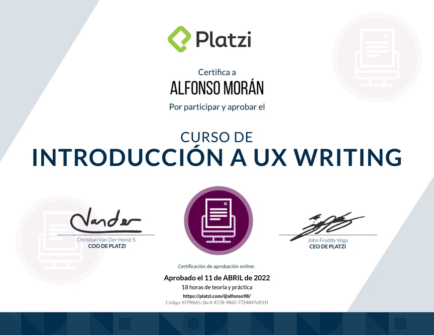 Diploma del Curso de UX Writing básico