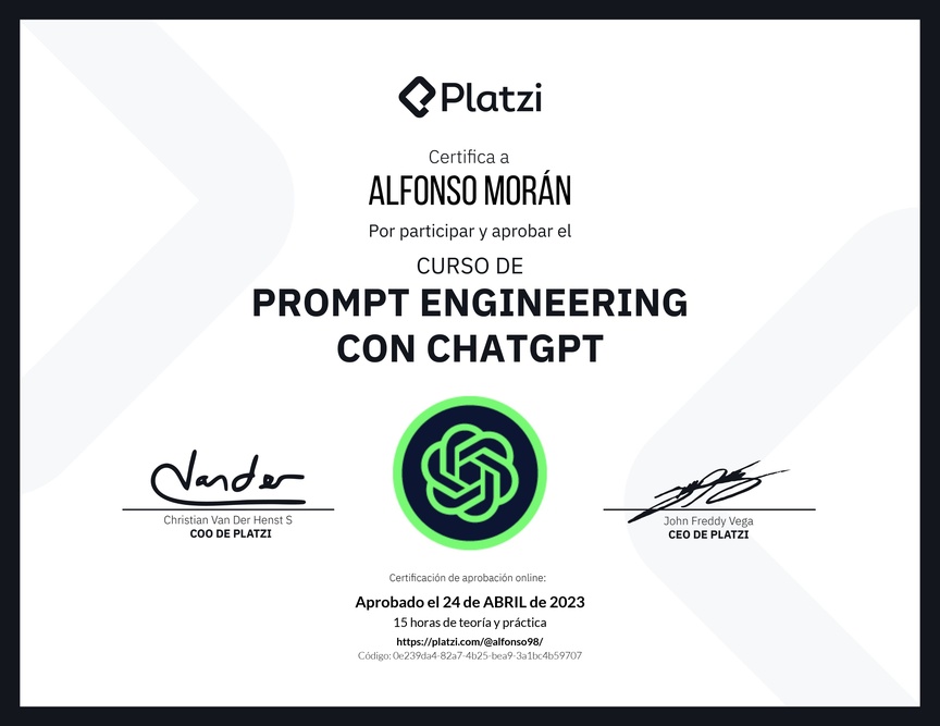 Diploma del Curso de Prompt Engineering con ChatGPT