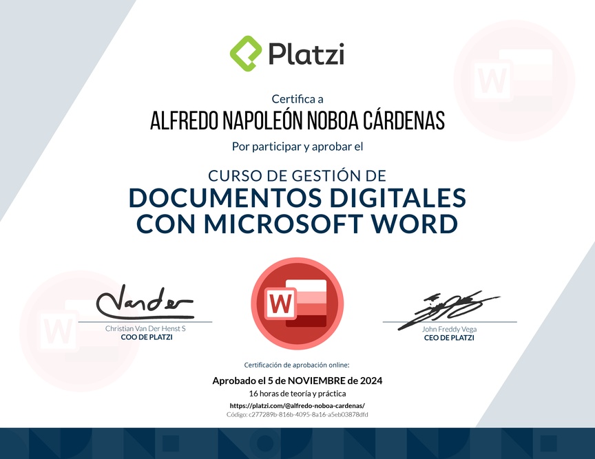 Diploma del Curso de Gestión de Documentos Digitales con Microsoft Word