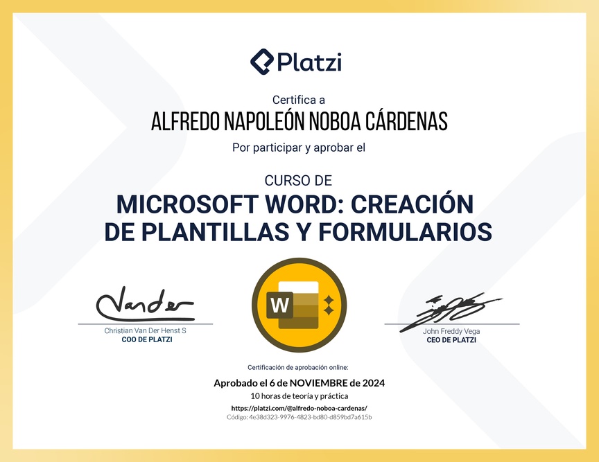 Diploma del Curso de Microsoft Word: Diseño de Plantillas y Creación de Formularios