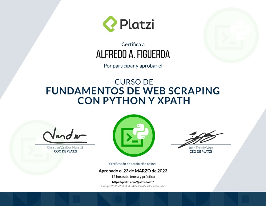 Diploma del Curso de Fundamentos de Web Scraping con Python y Xpath