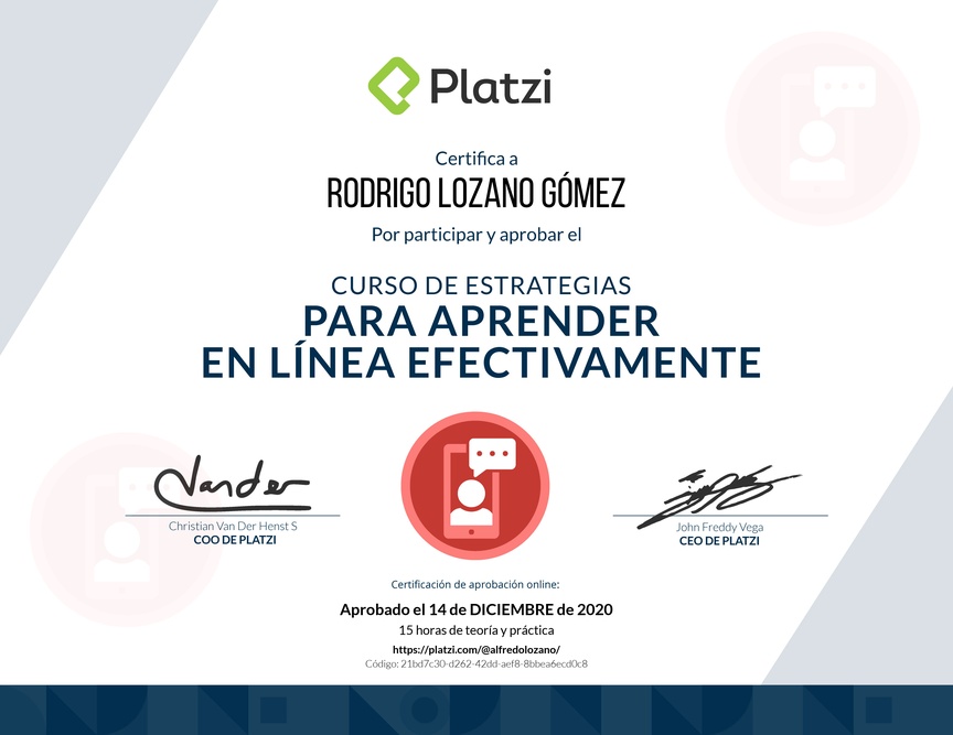 Diploma del Curso de Estrategias para Aprender en Línea Efectivamente 2019