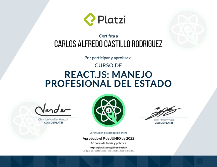 Diploma del Curso de React.js: Manejo Profesional del Estado