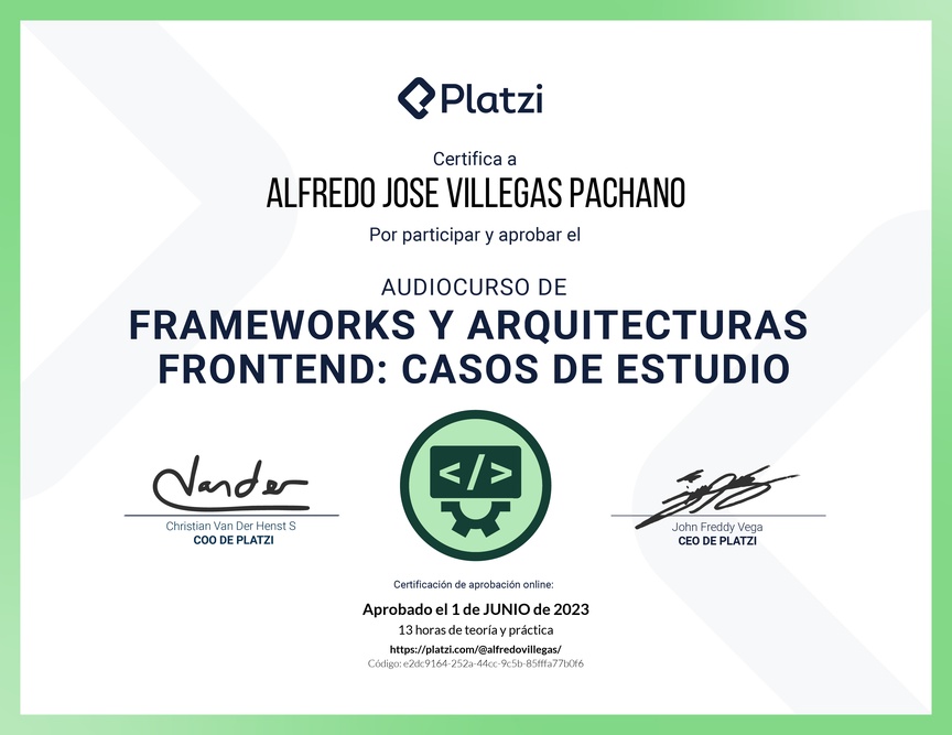 Diploma de Audiocurso de Frameworks y Arquitecturas Frontend: Casos de Estudio