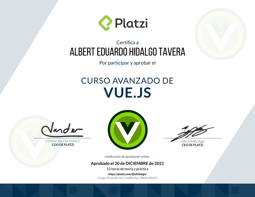 Diploma del Curso Avanzado de Vue.js 2