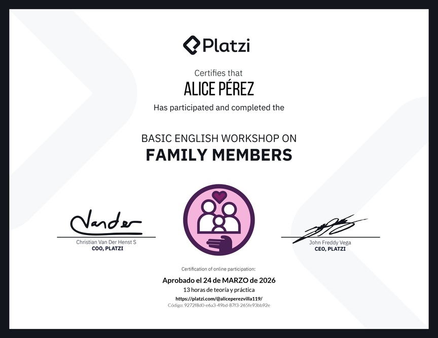 Diploma del Curso de Inglés Práctico sobre los Miembros de la Familia