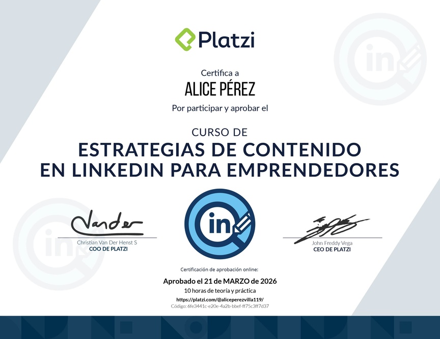 Diploma del Curso de Estrategia de Contenido en LinkedIn para Emprendedores