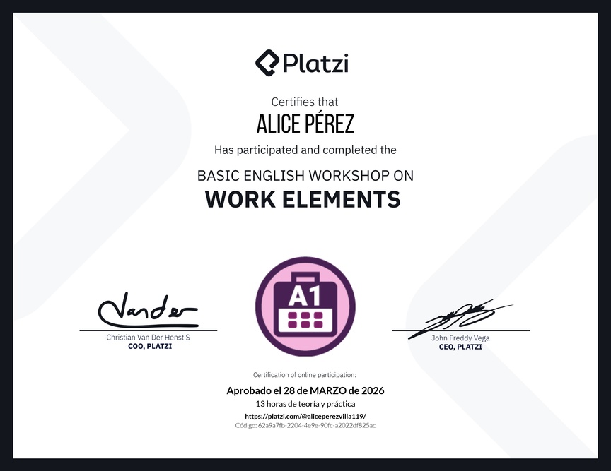 Diploma del Curso de Inglés Práctico sobre Elementos de Trabajo