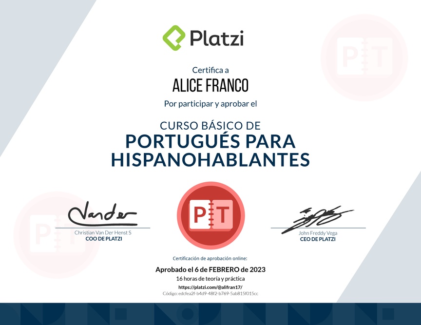 Diploma del Curso de Portugués para Hispanohablantes