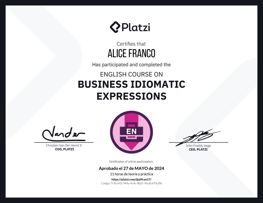 Diploma del Curso de Expresiones Idiomáticas de Negocios en Inglés