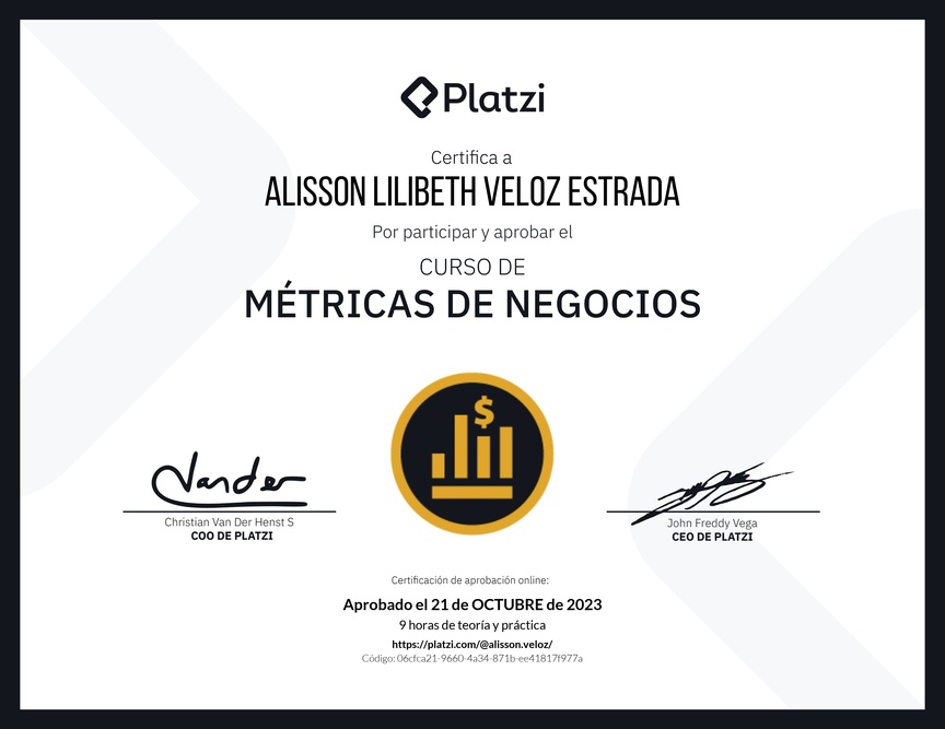 Diploma del Curso de Métricas Esenciales de Negocio