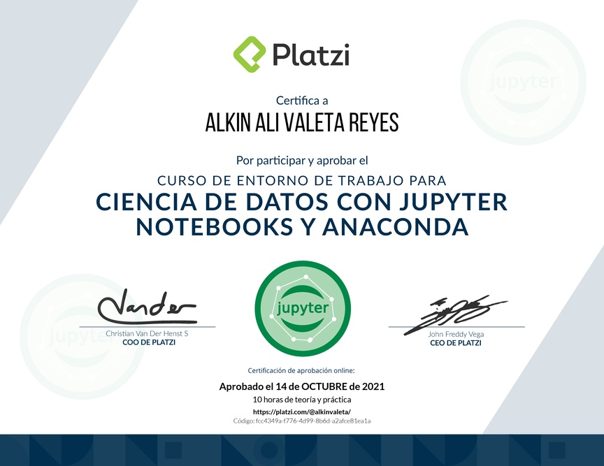 Diploma del Curso de Entorno de Trabajo para Ciencia de Datos con Jupyter Notebooks y Anaconda