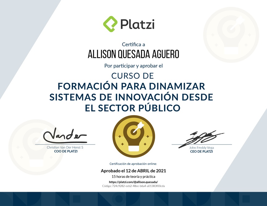 Diploma del Curso de Formación para Dinamizar Sistemas de Innovación desde el Sector Público