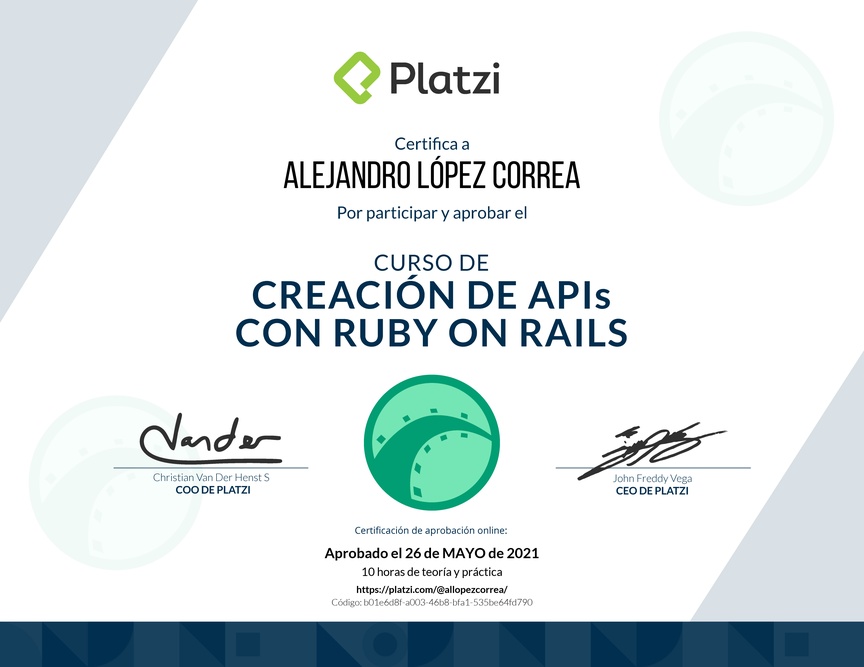 Diploma del Curso de Creación de APIs con Ruby on Rails