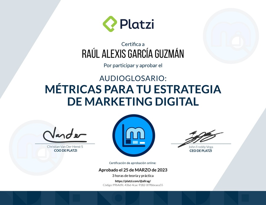 Diploma de Audioglosario Métricas para Marketing Digital