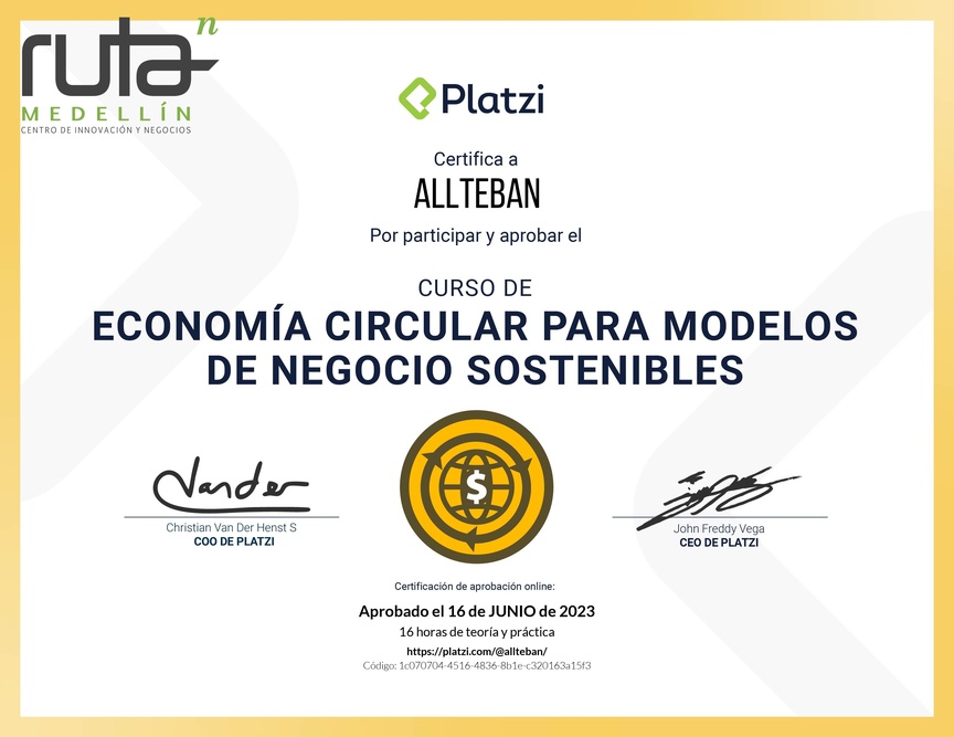 Diploma del Curso de Economía Circular para Modelos de Negocio Sostenibles