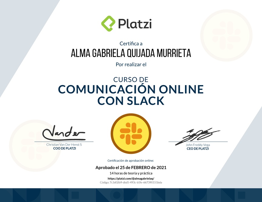 Diploma del Curso de Slack para Mejorar tu Comunicación Online